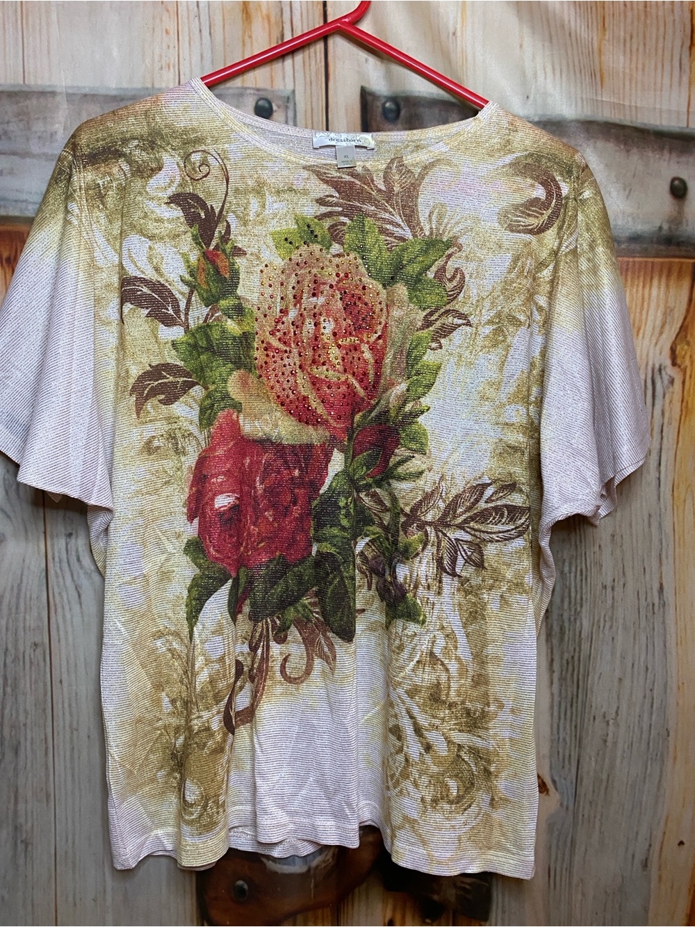 Dressbarn NWOT Metallic Floral Scoop Neck Short Sleeve Top Stretchy Comfy - Picture 7 of 7
